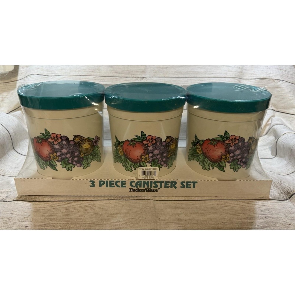 Vintage PackerWare 3 Piece Plastic Canister Set Fruit & Berry 87oz NOS Retro 80s